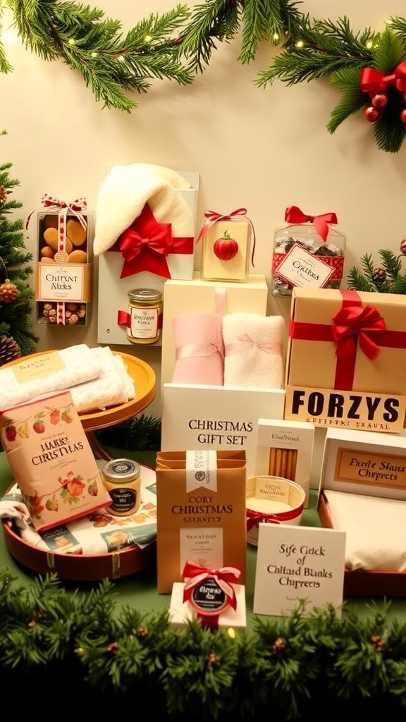 Creative Christmas Gift Set Ideas A collection of Christmas gift sets including cozy items, gourmet food, and personalized gifts, arranged in a festive setting.